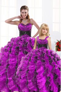 Admirable Fuchsia Ball Gowns Beading and Appliques and Ruffles Quinceanera Gown Lace Up Organza Sleeveless Floor Length