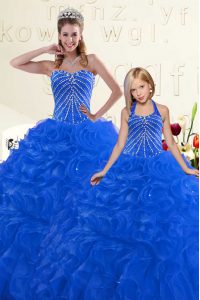 Fantastic Beading and Ruffles 15th Birthday Dress Blue Lace Up Sleeveless Floor Length