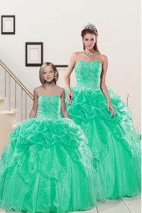 Captivating Sleeveless Organza Floor Length Lace Up Vestidos de Quinceanera in Turquoise with Beading and Pick Ups