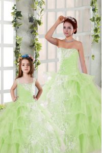 Ideal Yellow Green Strapless Neckline Beading and Ruffled Layers and Ruching Sweet 16 Quinceanera Dress Sleeveless Lace 