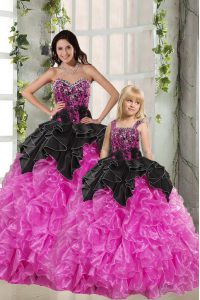 Floor Length Pink And Black Ball Gown Prom Dress Organza Sleeveless Beading and Ruffles