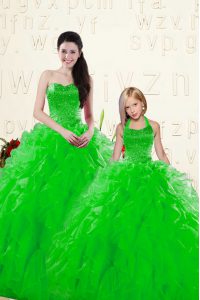 Suitable Sleeveless Organza Floor Length Lace Up Ball Gown Prom Dress in Green with Beading and Ruffles