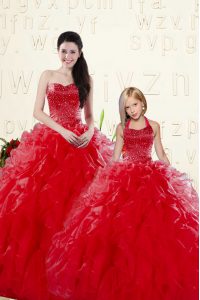 Smart Sweetheart Sleeveless Lace Up Quince Ball Gowns Coral Red Organza