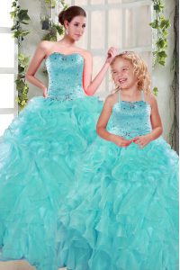 Extravagant Sleeveless Organza Floor Length Lace Up Sweet 16 Dresses in Turquoise with Beading and Ruffles