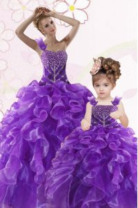 Flare Purple Sleeveless Organza Lace Up Sweet 16 Dresses for Military Ball and Sweet 16 and Quinceanera