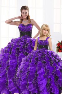 Floor Length Black And Purple Sweet 16 Dresses Organza Sleeveless Beading and Appliques and Ruffles