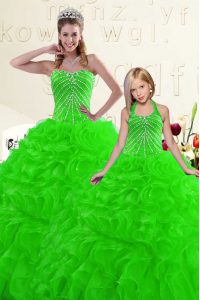 Attractive Green Lace Up Sweetheart Beading and Ruffles Quince Ball Gowns Organza Sleeveless