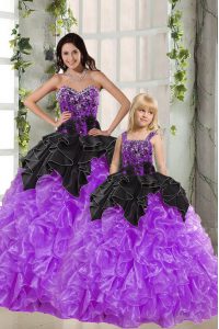 Stylish Sleeveless Floor Length Beading and Ruffles Lace Up Sweet 16 Quinceanera Dress with Black And Purple