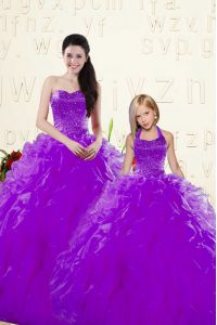 Organza Sweetheart Sleeveless Lace Up Beading and Ruffles Ball Gown Prom Dress in Eggplant Purple