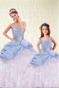 High Quality Light Blue Lace Up Sweetheart Beading and Ruffled Layers and Hand Made Flower Sweet 16 Dresses Organza and 