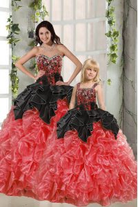 Organza Sweetheart Sleeveless Lace Up Beading and Ruffles Quinceanera Dress in Red And Black