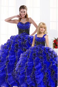 Dramatic Sleeveless Organza Floor Length Lace Up Quinceanera Gown in Royal Blue with Beading and Appliques and Ruffles