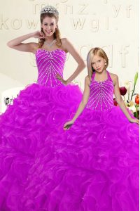 Comfortable Purple Ball Gowns Sweetheart Sleeveless Organza Floor Length Lace Up Beading and Ruffles Quinceanera Gown