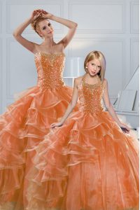 Beautiful Orange Organza Lace Up Sweet 16 Dress Sleeveless Beading and Ruffled Layers