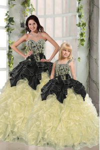 Low Price Light Yellow Organza Lace Up Quince Ball Gowns Sleeveless Floor Length Beading and Ruffles