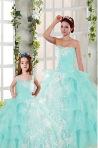Sleeveless Floor Length Beading and Ruffled Layers and Ruching Lace Up Vestidos de Quinceanera with Aqua Blue