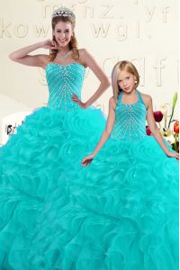Unique Organza Sweetheart Sleeveless Lace Up Beading and Ruffles Quinceanera Dresses in Aqua Blue