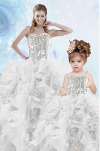 Best Selling Silver Ball Gowns Sweetheart Sleeveless Organza Floor Length Lace Up Beading and Ruffles and Sequins Quince