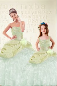 Free and Easy Sweetheart Sleeveless Ball Gown Prom Dress Floor Length Beading and Ruffled Layers and Hand Made Flower Ye