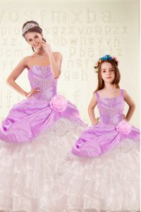 Fancy Beading and Ruffled Layers and Hand Made Flower Vestidos de Quinceanera Lilac Lace Up Sleeveless Floor Length