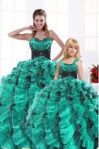 Luxury Floor Length Turquoise Quince Ball Gowns Sweetheart Sleeveless Lace Up