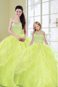 Floor Length Lace Up Quinceanera Dress Yellow Green for Military Ball and Sweet 16 and Quinceanera with Beading and Sequ