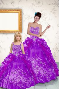 Sleeveless Taffeta Floor Length Lace Up Quinceanera Gowns in Purple with Beading and Embroidery and Pick Ups