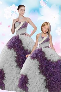 Fine Sleeveless Floor Length Beading and Sequins Lace Up Vestidos de Quinceanera with White And Purple