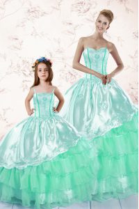 Floor Length Apple Green Quinceanera Gowns Organza Long Sleeves Embroidery and Ruffled Layers