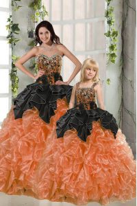 Sleeveless Organza Floor Length Lace Up Sweet 16 Quinceanera Dress in Orange Red with Beading and Ruffles
