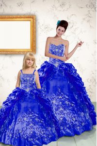 Customized Royal Blue Ball Gowns Beading and Embroidery and Pick Ups Quince Ball Gowns Lace Up Taffeta Sleeveless Floor 