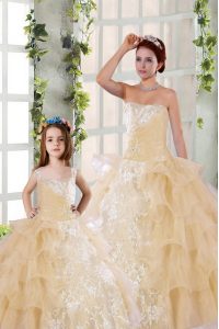Ideal Strapless Sleeveless Quinceanera Dresses Floor Length Beading and Ruffled Layers and Ruching Champagne Organza