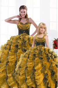 Gold Ball Gowns Organza Sweetheart Sleeveless Beading and Appliques and Ruffles Floor Length Lace Up Quinceanera Gown