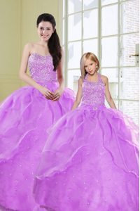 Sequins Lilac Sleeveless Organza Lace Up 15th Birthday Dress for Military Ball and Sweet 16 and Quinceanera