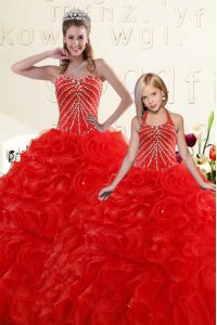 Red Lace Up Sweetheart Beading and Ruffles Sweet 16 Dresses Organza Sleeveless