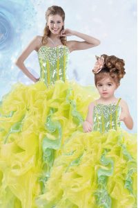Cute Sweetheart Sleeveless Organza Quinceanera Gowns Beading and Ruffles and Sequins Lace Up