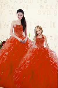 Custom Designed Floor Length Red Quinceanera Dresses Sweetheart Long Sleeves Lace Up
