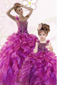 Fashionable Floor Length Lace Up Quinceanera Dresses Fuchsia for Military Ball and Sweet 16 and Quinceanera with Beading