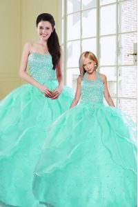 Romantic Turquoise Sleeveless Floor Length Beading and Sequins Lace Up Sweet 16 Dress