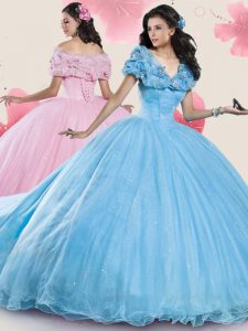 Sequins With Train Baby Blue 15th Birthday Dress Off The Shoulder Cap Sleeves Court Train Lace Up