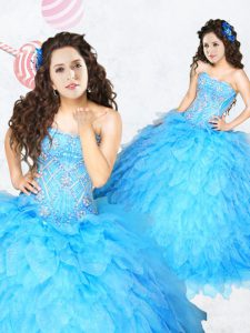 Best Selling Floor Length Ball Gowns Sleeveless Baby Blue and Orange Sweet 16 Dresses Lace Up