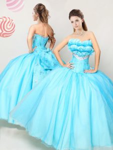 Sleeveless Tulle Floor Length Lace Up Quinceanera Dress in Aqua Blue with Appliques and Ruffles and Bowknot