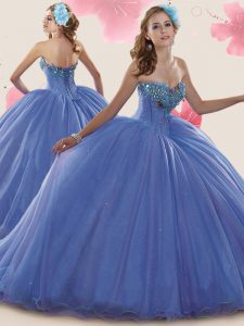 Attractive Lavender Ball Gowns Sweetheart Sleeveless Tulle Floor Length Lace Up Beading and Appliques Sweet 16 Dress