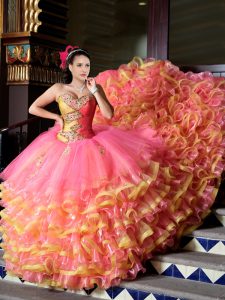 Unique Sleeveless Court Train Beading and Appliques and Ruffled Layers Lace Up Quinceanera Dresses