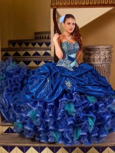 Navy Blue Ball Gowns Sweetheart Sleeveless Taffeta and Tulle Court Train Lace Up Ruffled Layers Quinceanera Dress