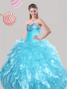 Baby Blue Ball Gowns Beading and Ruffled Layers Quinceanera Gowns Lace Up Organza Sleeveless Floor Length