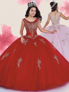 Fashion Red Ball Gowns Tulle Scoop Sleeveless Beading and Appliques Floor Length Zipper Quinceanera Gowns