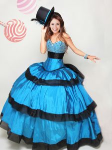 Super Ruffled Floor Length Ball Gowns Sleeveless Black and Blue Quince Ball Gowns Lace Up