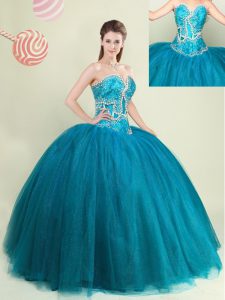 Fine Teal Ball Gowns Beading 15th Birthday Dress Lace Up Tulle Sleeveless Floor Length