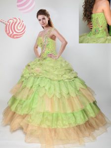 Elegant One Shoulder Yellow Green Sleeveless Beading and Appliques and Ruffled Layers and Pick Ups and Hand Made Flower 